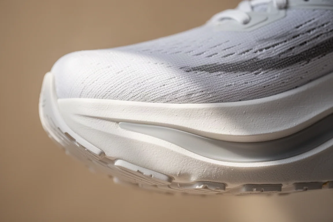 Primo piano dell'intersuola di una scarpa da gara con schiuma e piastra in carbonio curva