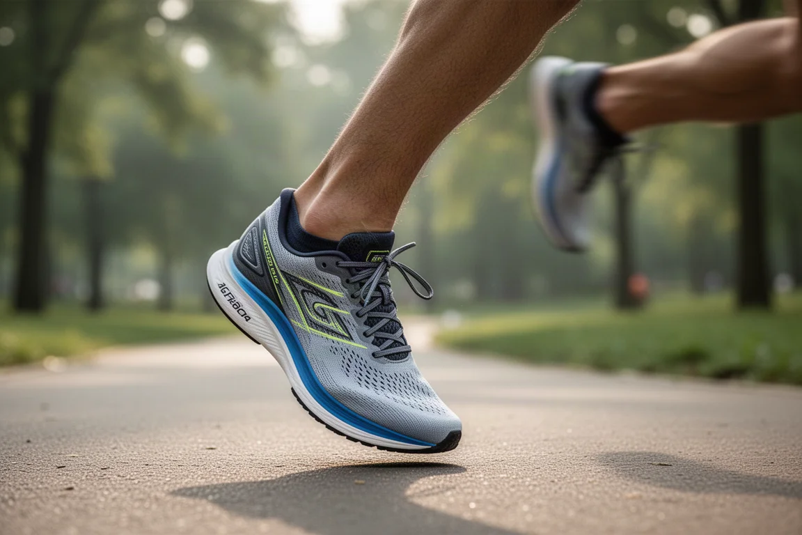 Il piede del runner bloccato nella scarpa da gara durante una falcata a metà corsa