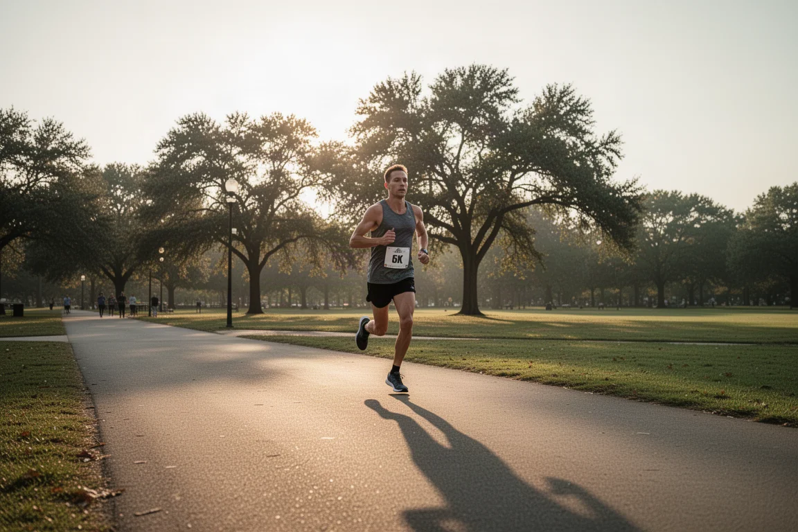 Runner che taglia il traguardo di una gara 5K su un anello pianeggiante del parco nella luce soffusa della sera