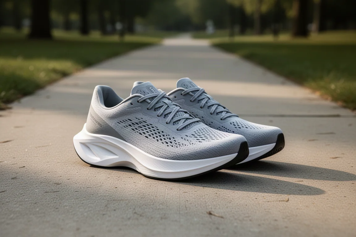 Pair of carbon-plated racing shoes on a concrete park path