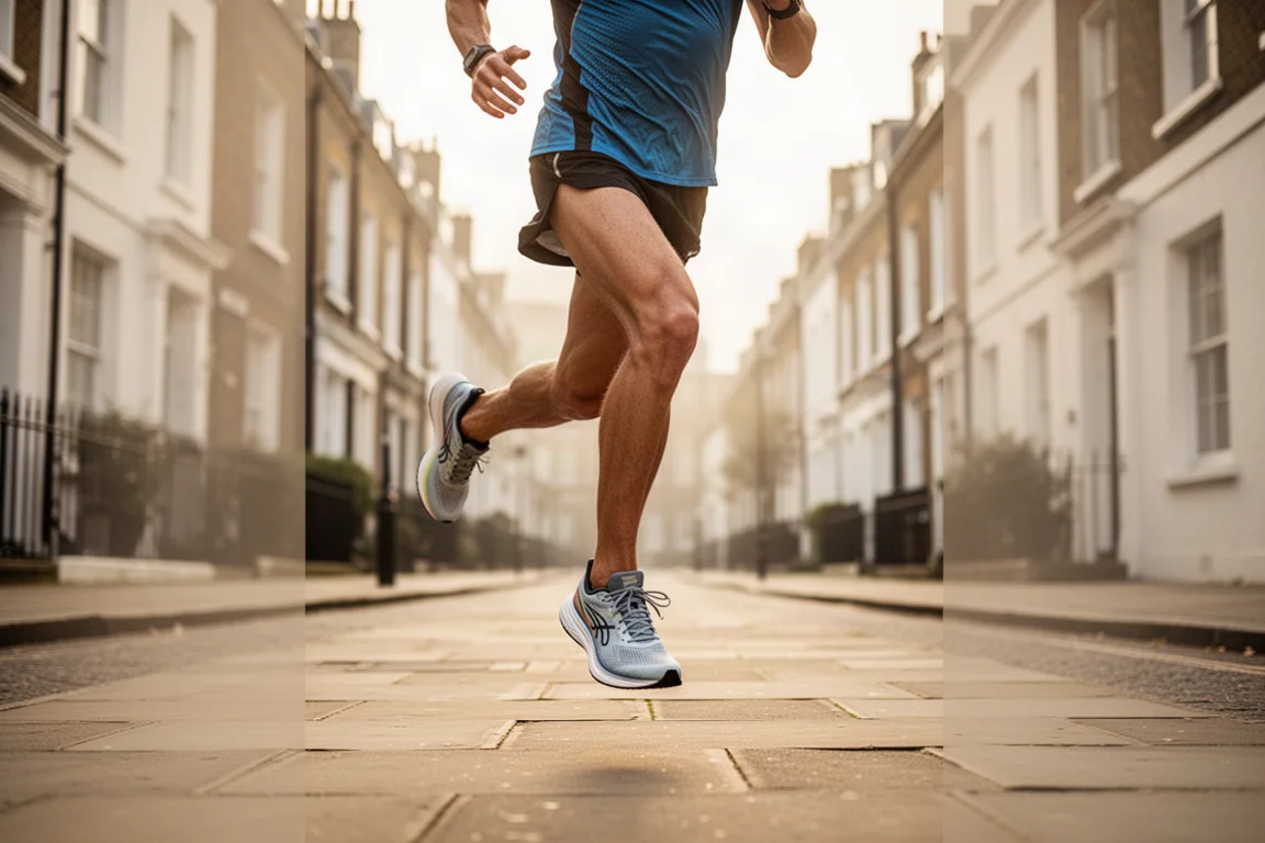 Runner che corre lungo una strada di Londra con scarpe da gara durante un lento all'alba