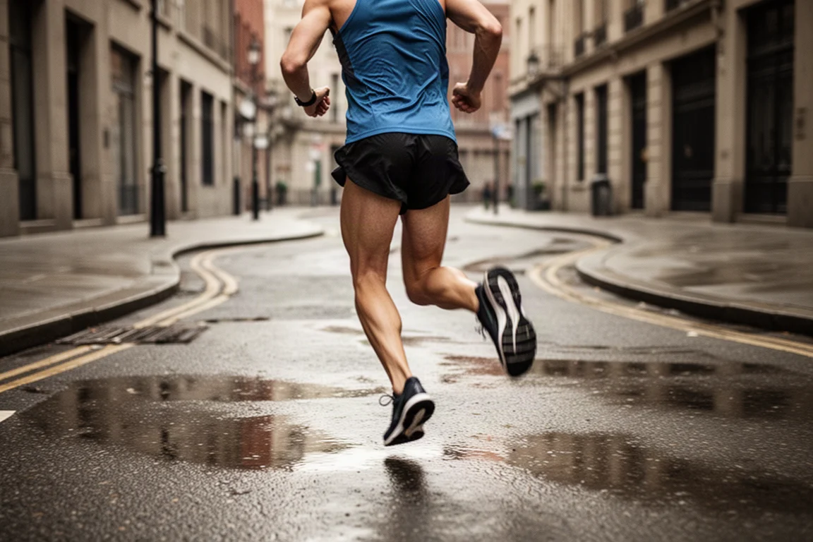 Maratoneta che corre a ritmo sostenuto su un marciapiede cittadino