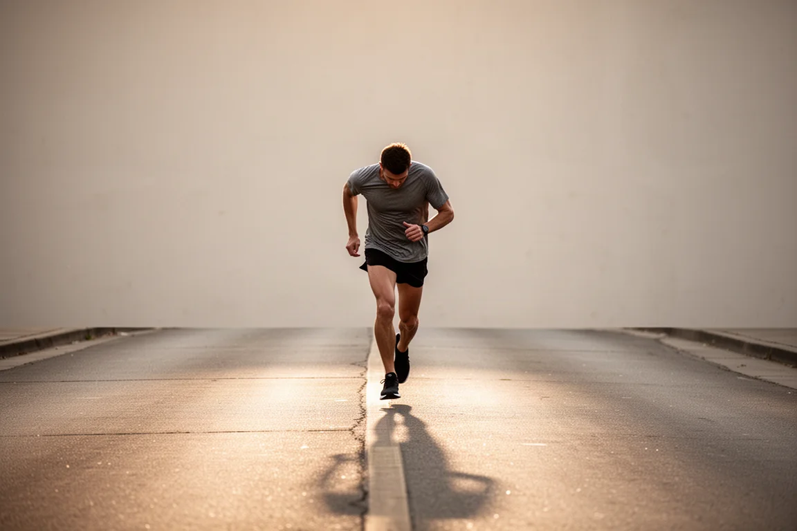 Runner con gambe stanche che spinge il ritmo negli ultimi chilometri di una corsa lunga
