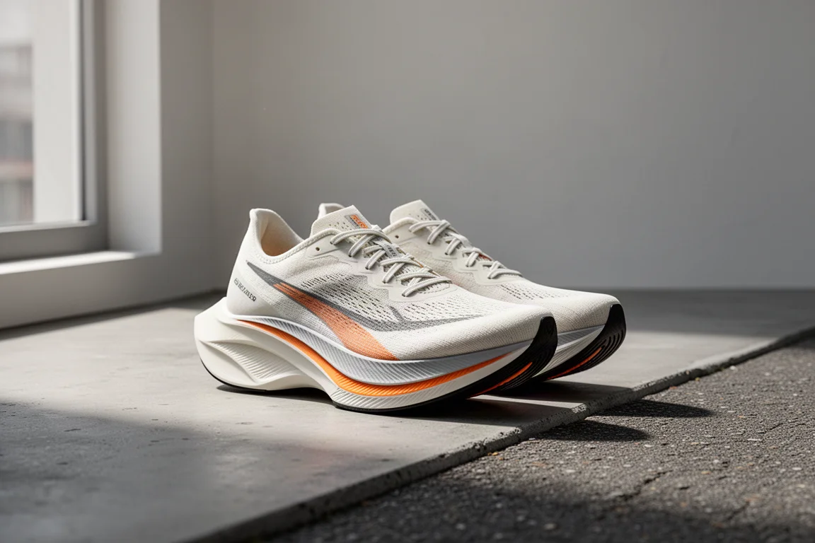 Pair of lightweight carbon-plated marathon racing shoes on concrete pavement
