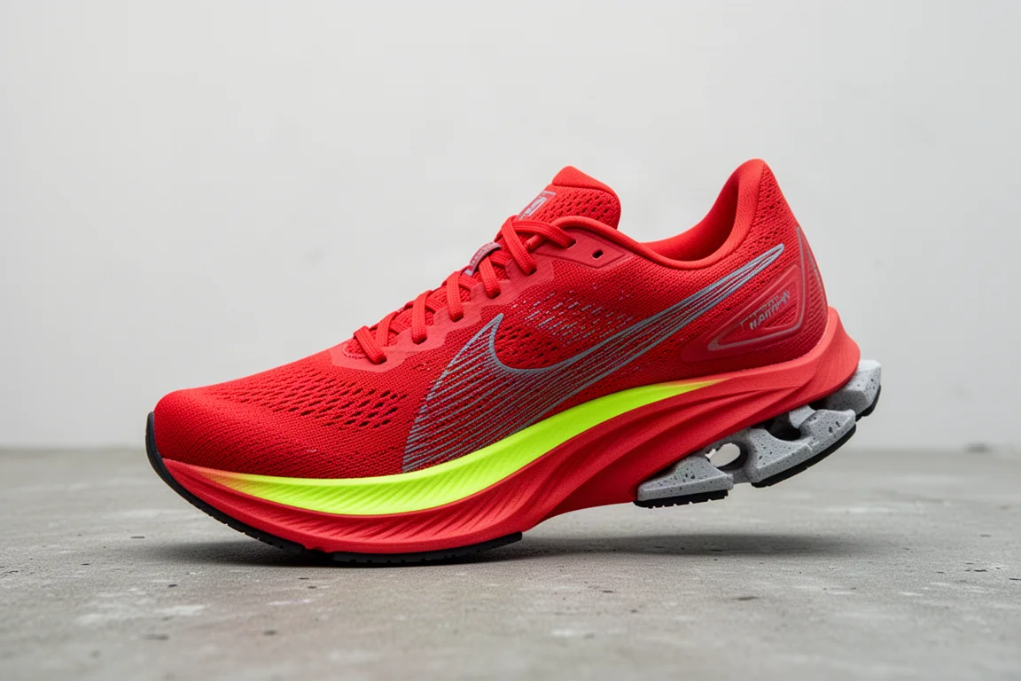 Pair of carbon-plated racing running shoes on a grey concrete surface