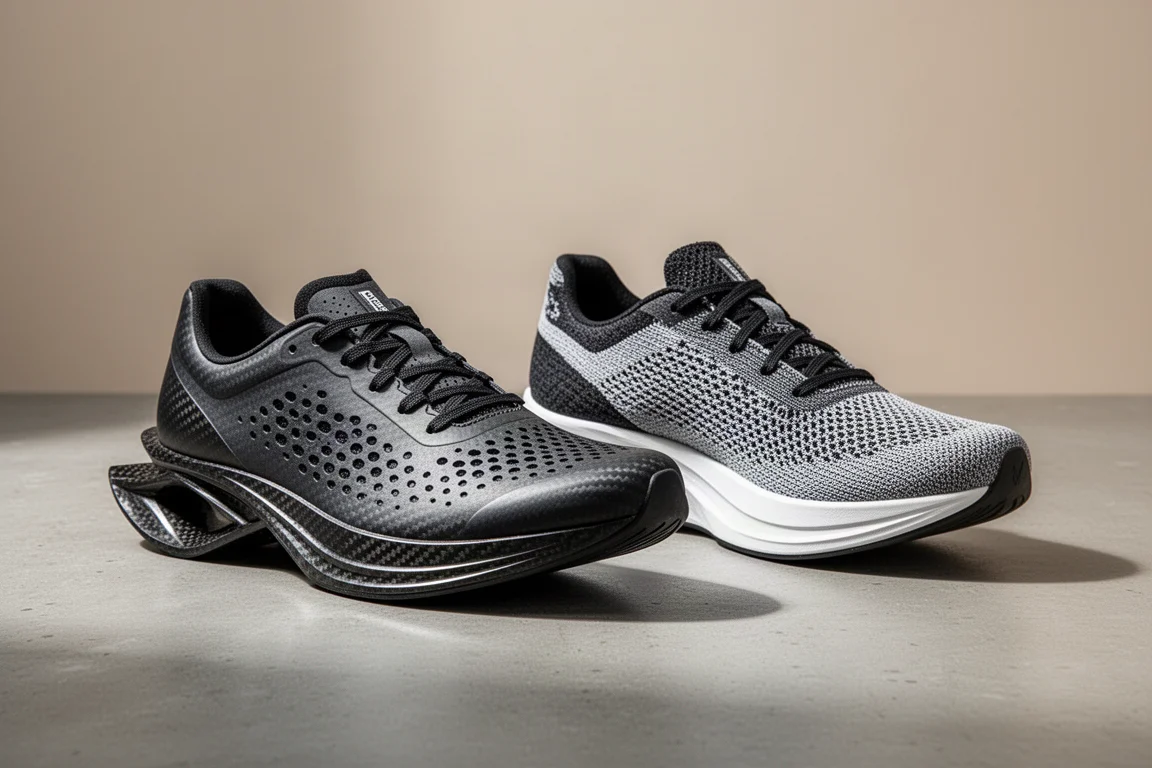 Two carbon plate racing shoes side by side on a concrete surface
