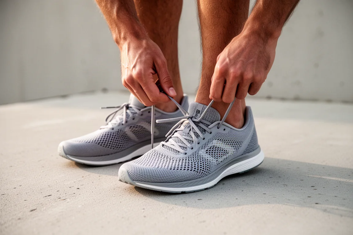 Runner lacing up a thin lightweight racing shoe before a speed session