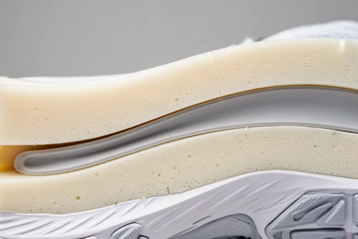 Close-up of a midsole cross-section showing foam and plate placement