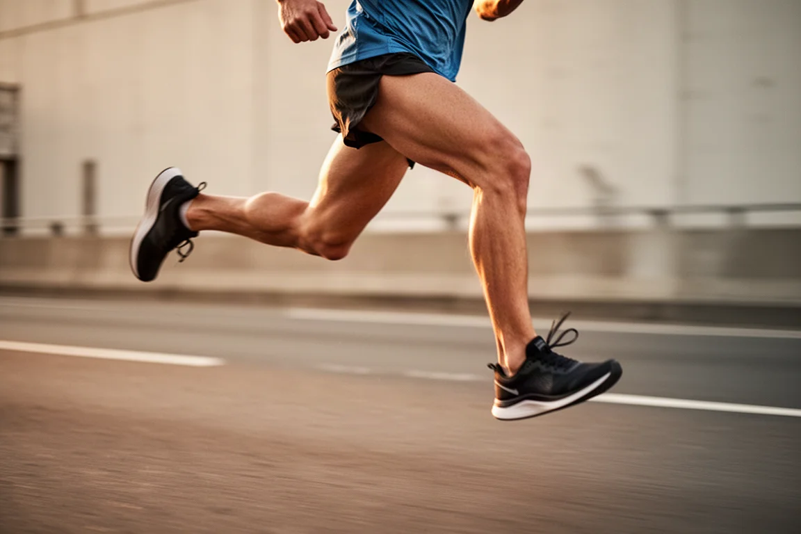 Runner mid-stride during a fast road tempo run in warm light