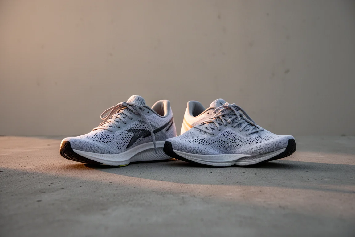 Pair of racing shoes resting side by side on concrete before a run