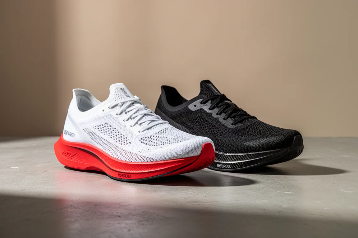 ASICS MetaSpeed Sky Paris and Edge Paris racing shoes side by side on concrete