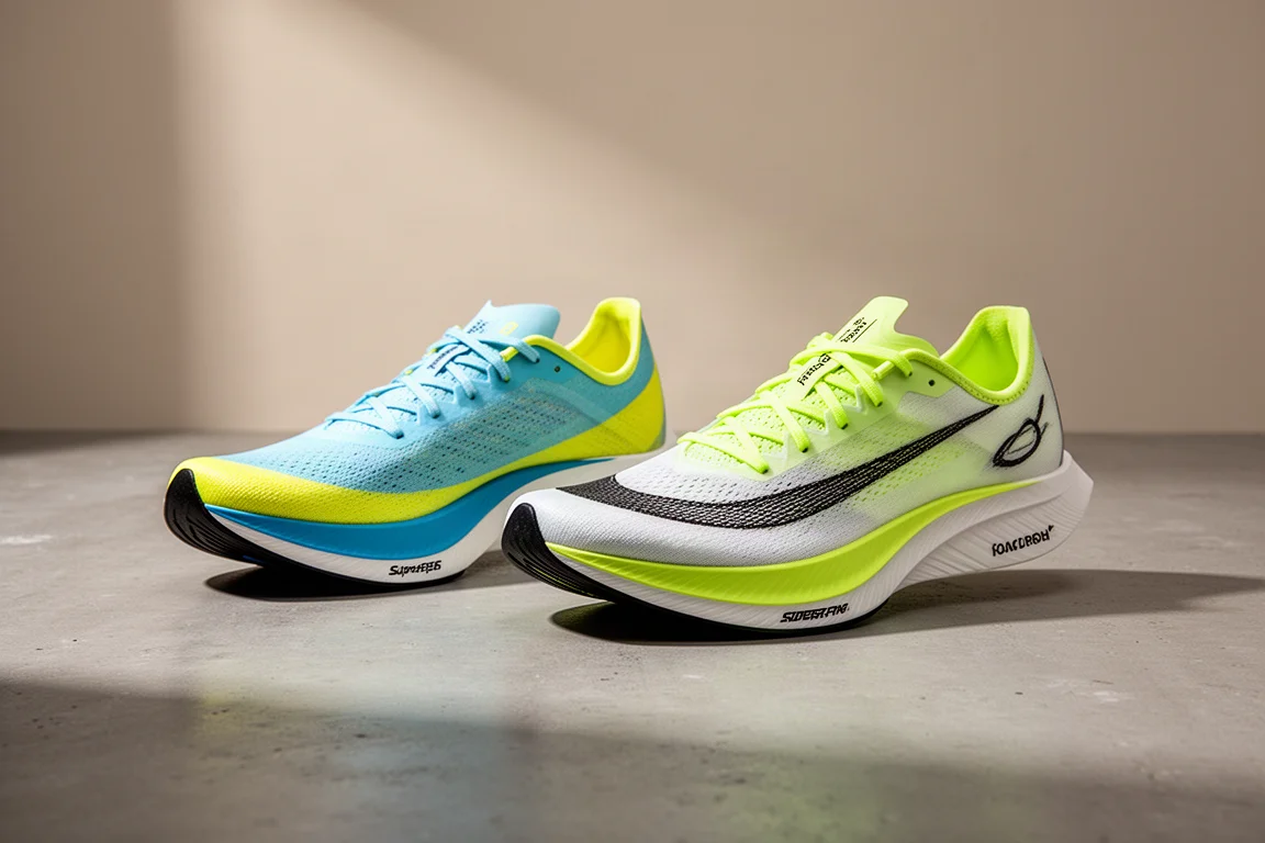 Two carbon-plated racing shoes side by side on a concrete surface