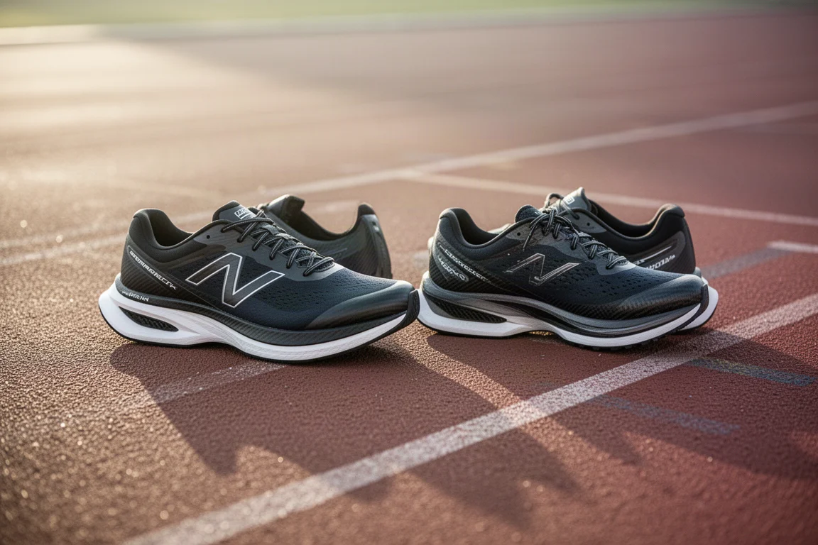 Two lightweight carbon racing shoes side by side on a track surface