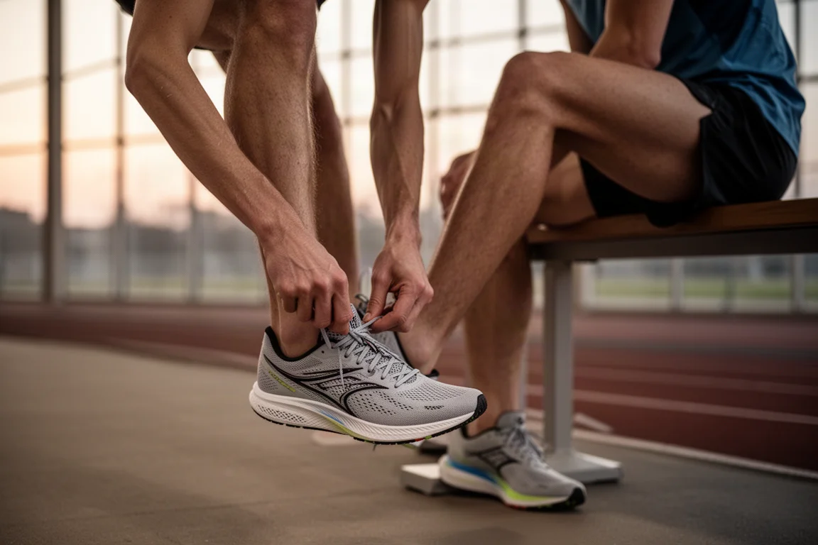 Runner tying racing shoes before a speed session at dawn