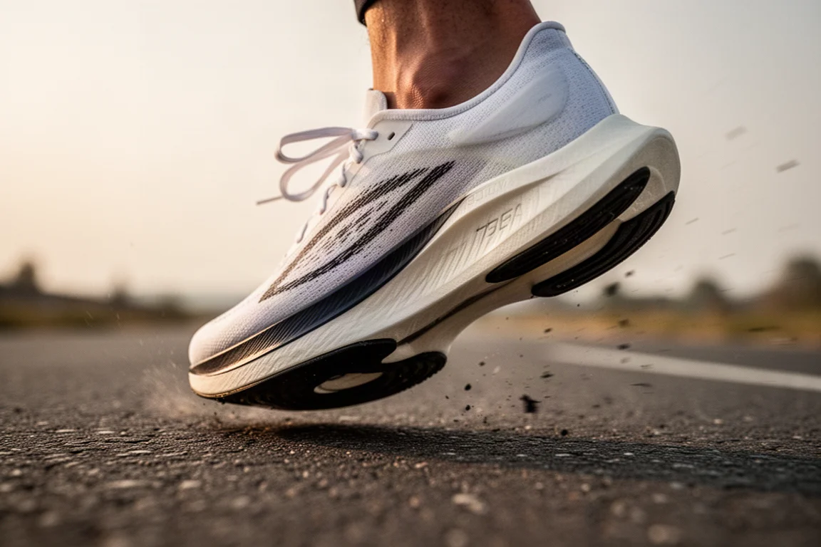 Close-up of a running shoe midsole compressing during a toe-off stride