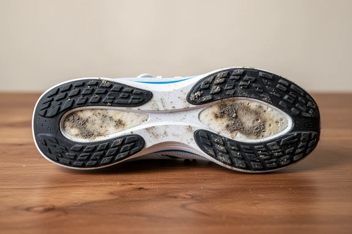 Outsole of a well-used racing shoe showing midfoot wear