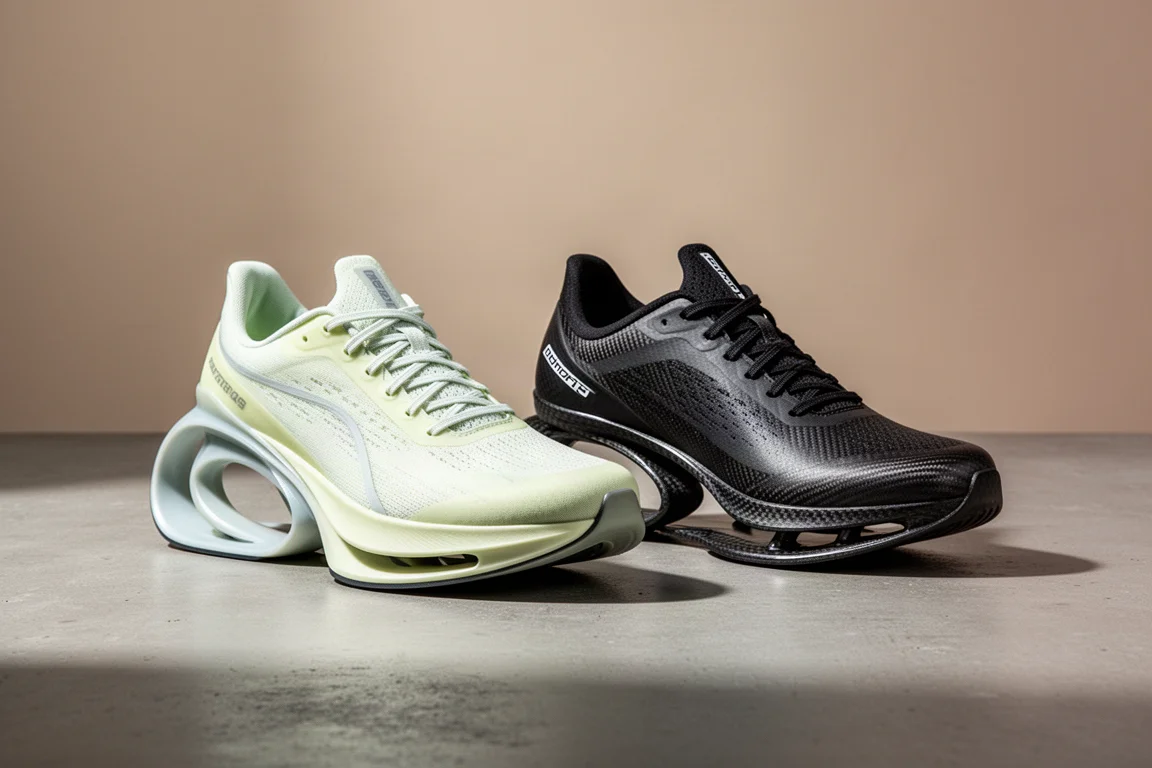 Two carbon plate racing shoes side by side on a concrete surface