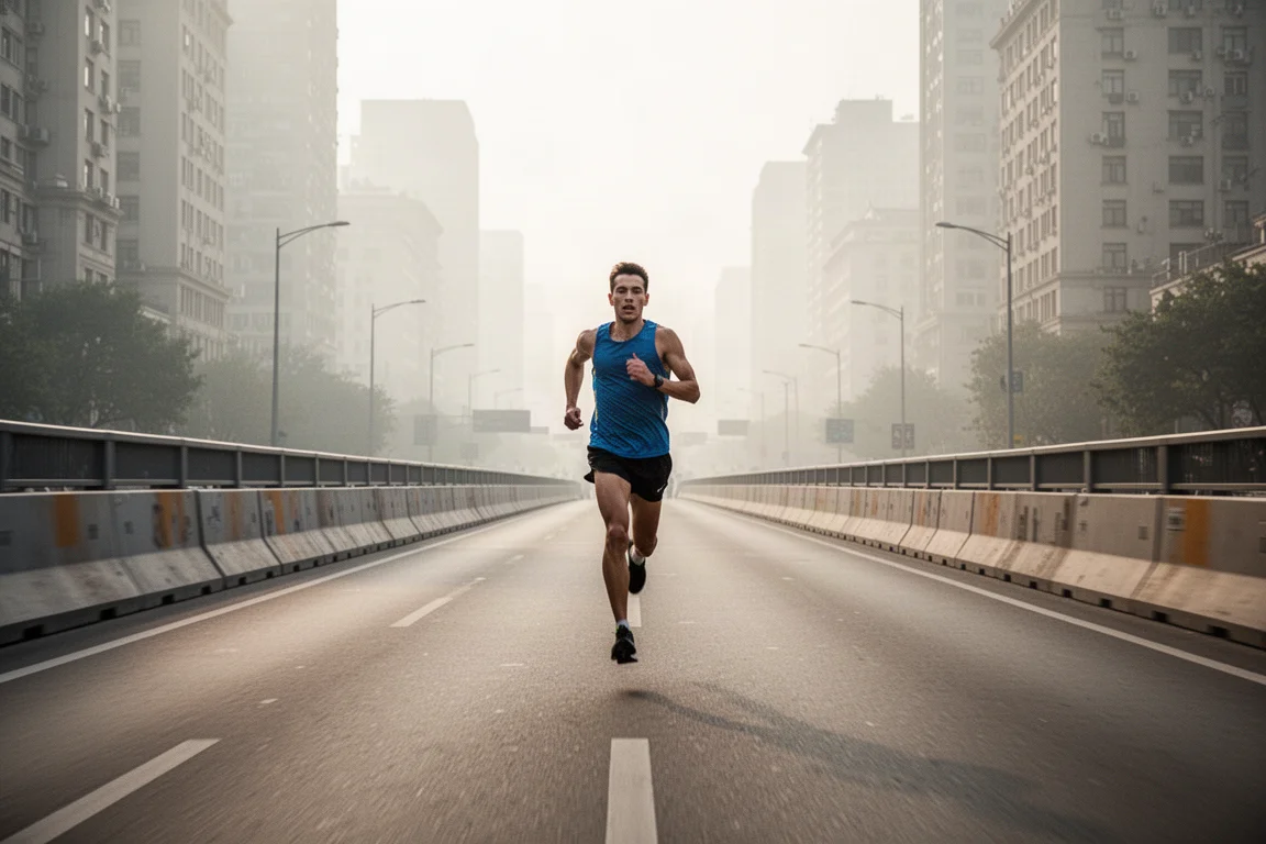 Corredor deslizando por um percurso reto de maratona urbana