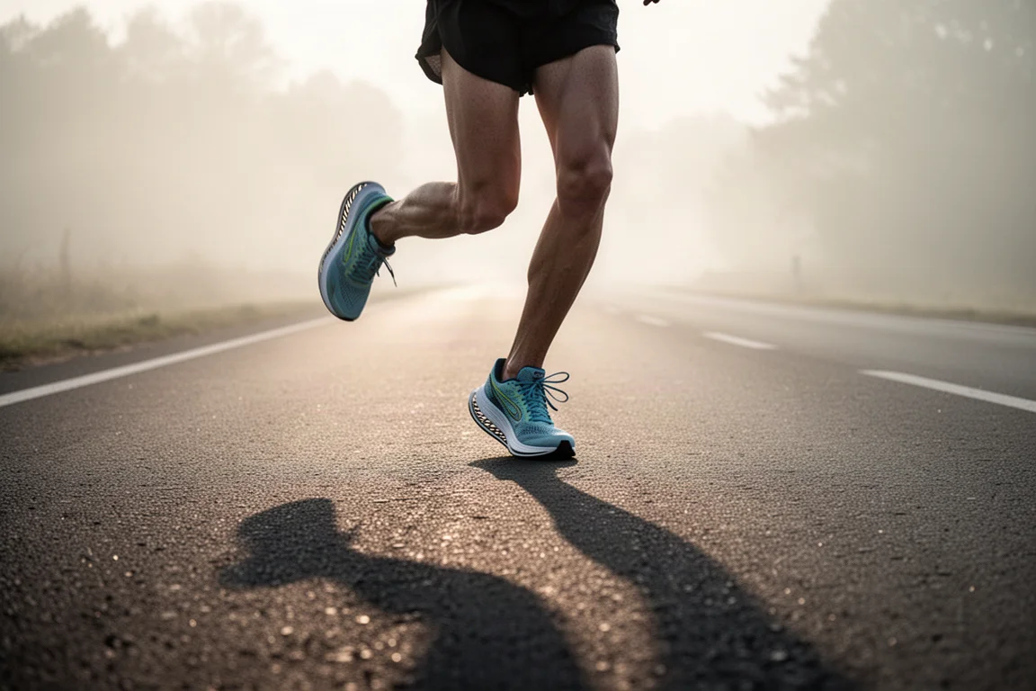 Coureur en pleine foulée sur une route ouverte à l'aube, chaussé de chaussures de course