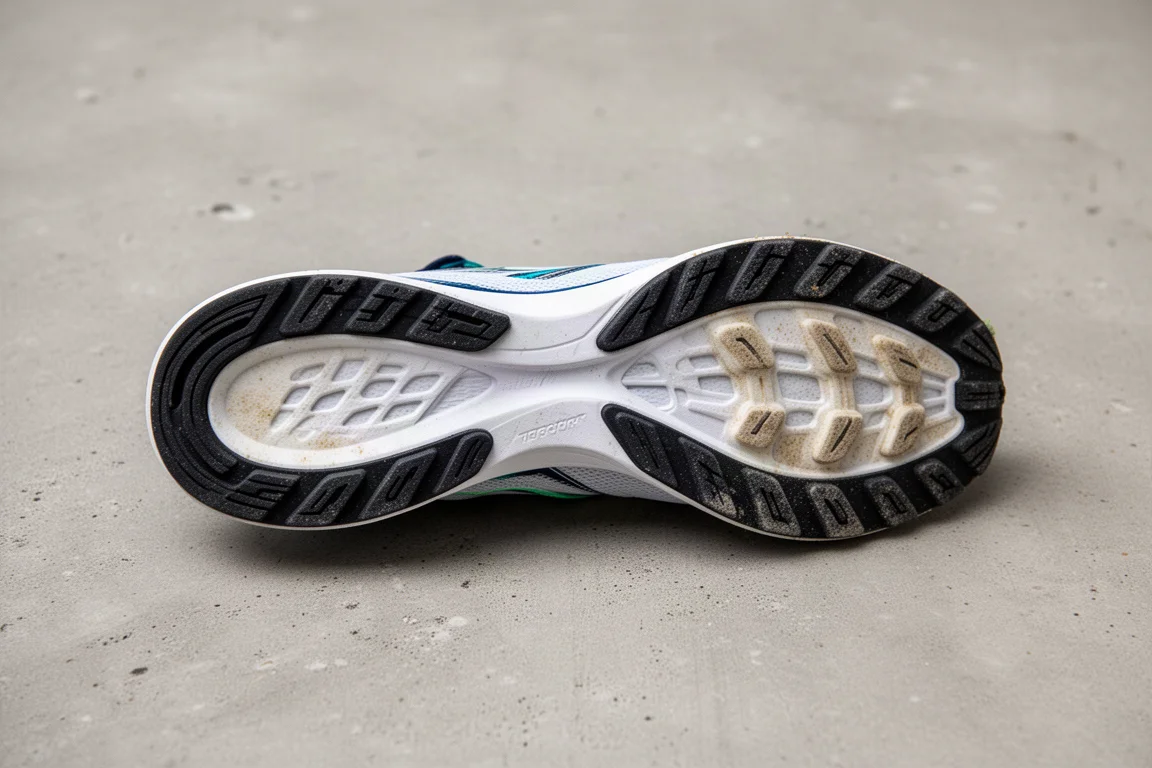 Semelle extérieure d'une chaussure de course après de nombreux kilomètres montrant une usure minimale