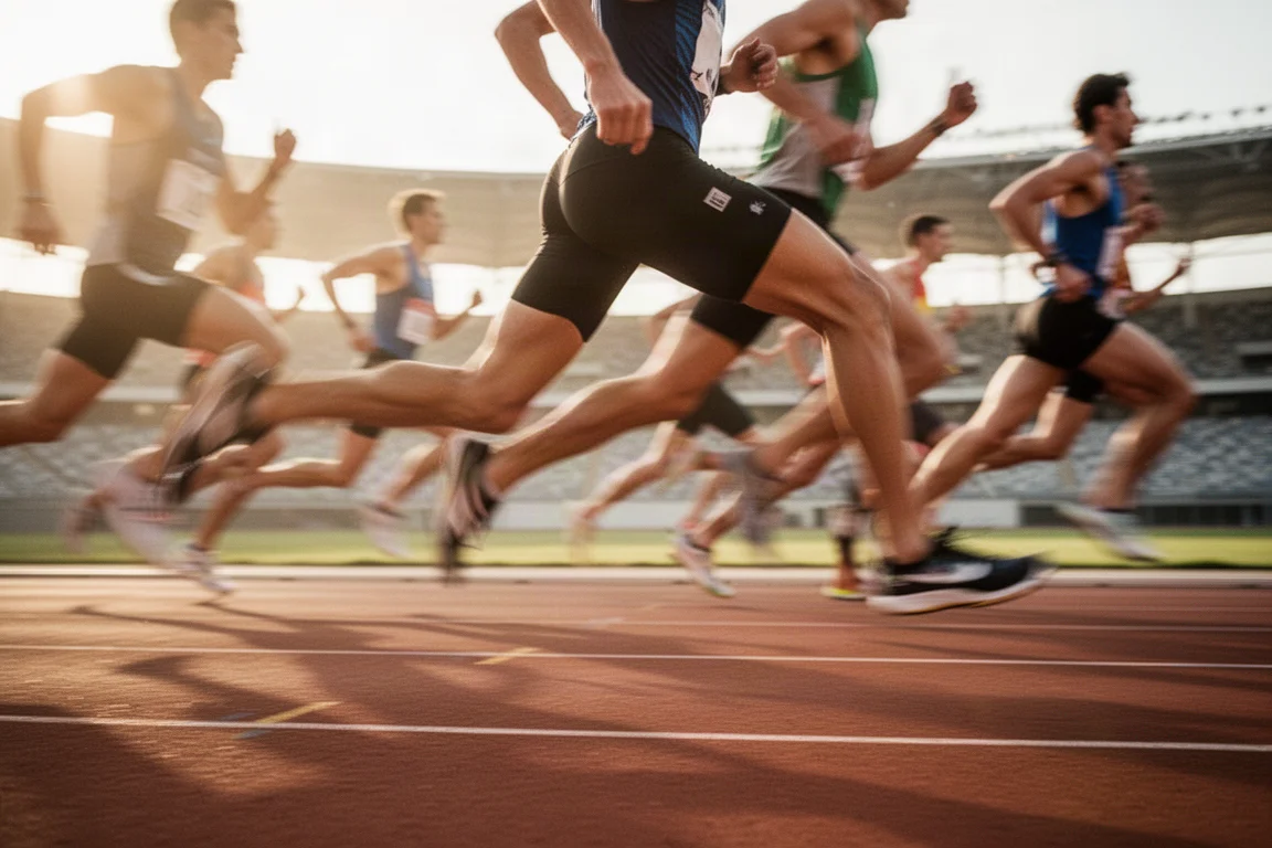 公開 5K 比賽中,跑者在溫暖天候下的田徑場上奔馳