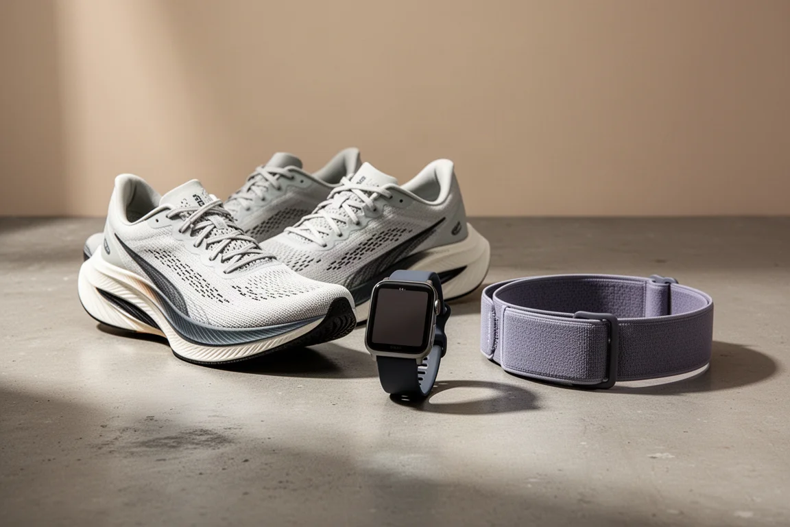 Carbon-plated running shoes, GPS sports watch and running belt arranged on concrete