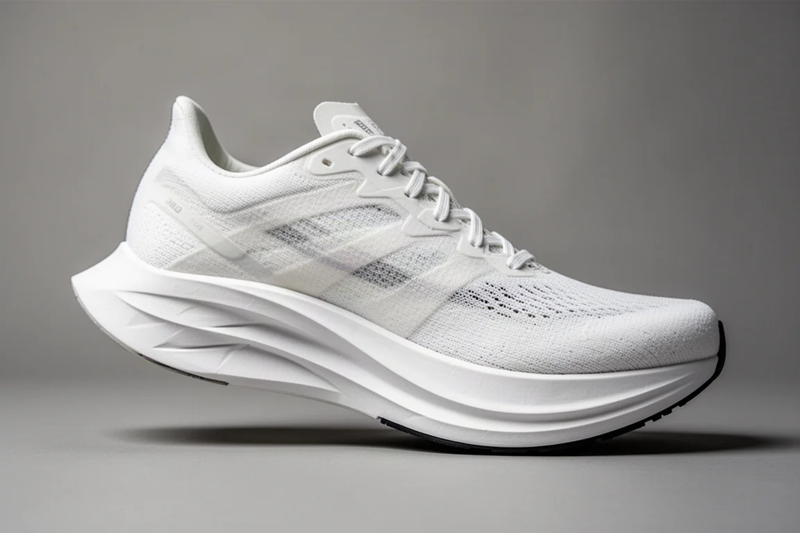 Primer plano de la mediasuela de una zapatilla de running mostrando la geometría curva de la placa de carbono