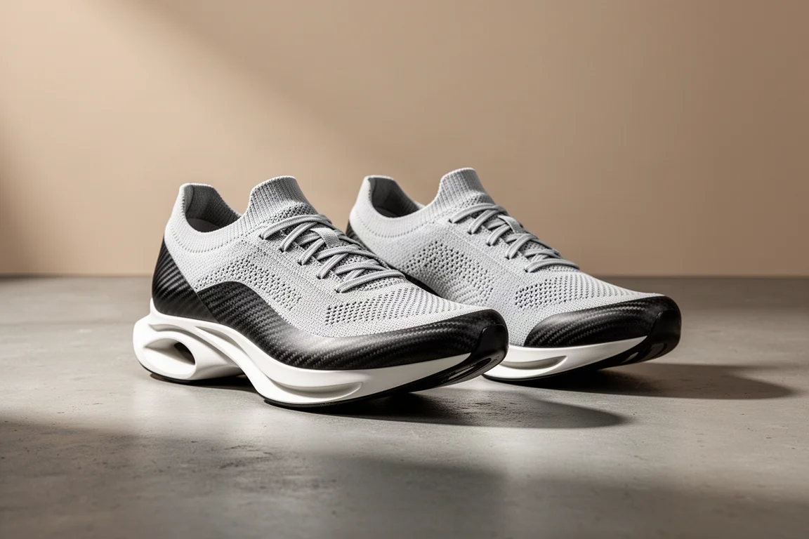 Two carbon-plated racing shoes side by side on a concrete surface