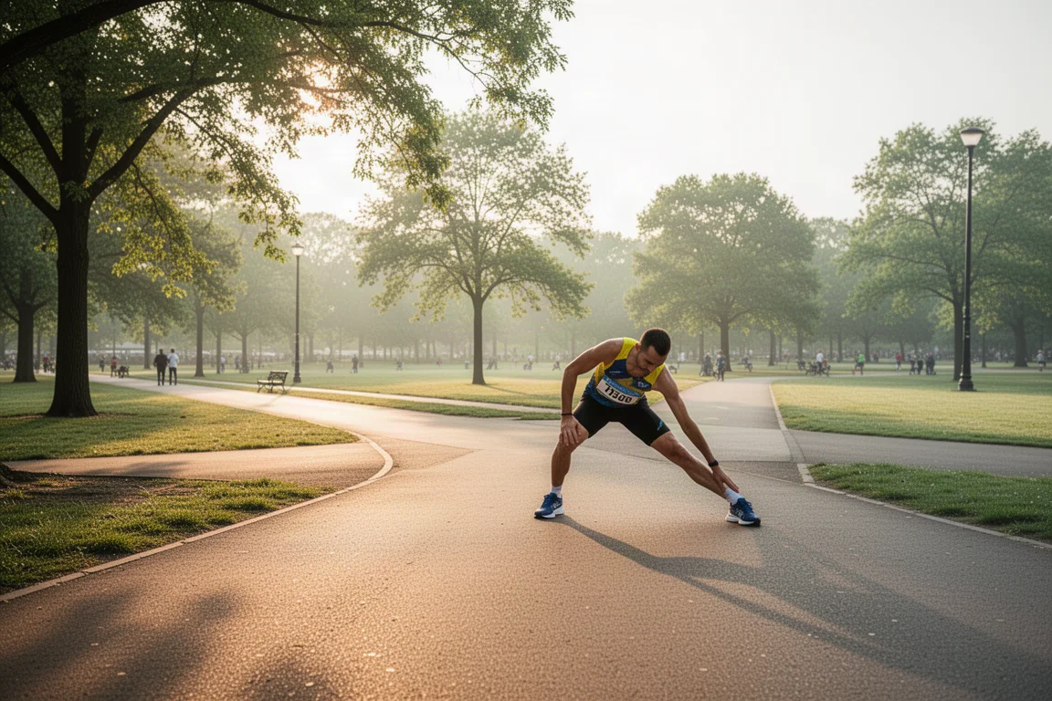 Läufer beim Aufwärmen auf breiten Parkwegen vor einem Stadt-10K-Rennen