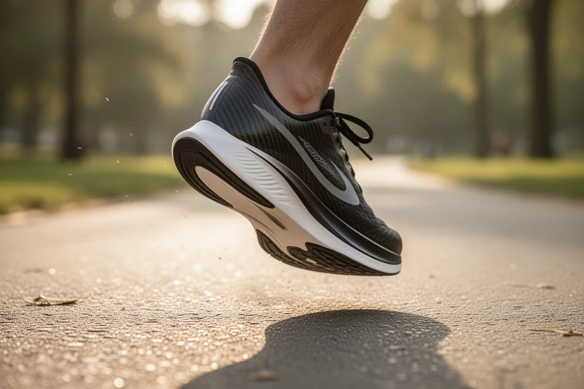 Nahaufnahme eines Rennschuhs mit Carbonplatte im Lauf auf Parkasphalt
