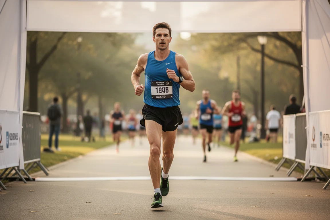 Läufer beim Überqueren des Zielbereichs nach einem 10K-Rennen in warmem Licht