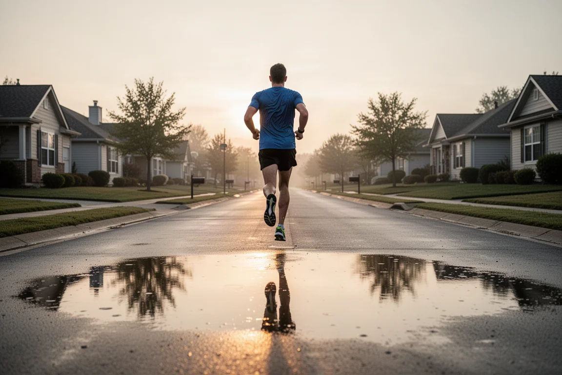 Runner starting a long road run in early morning light