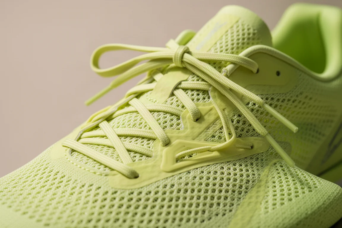 Close-up of thin mesh upper with laces tied on a running shoe