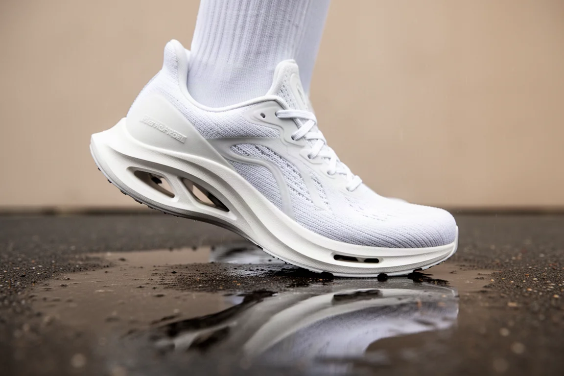 Aggressive foam midsole curve of a racing shoe on wet pavement