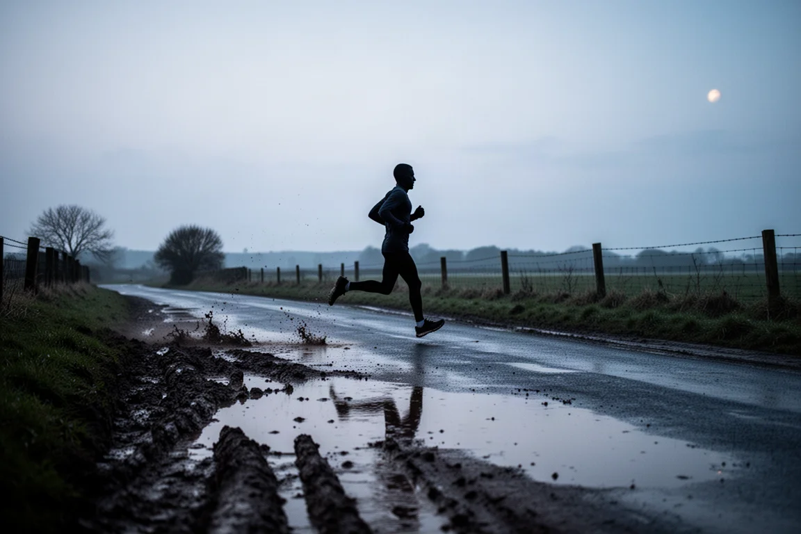Runner on a wet country road with puddles at dusk