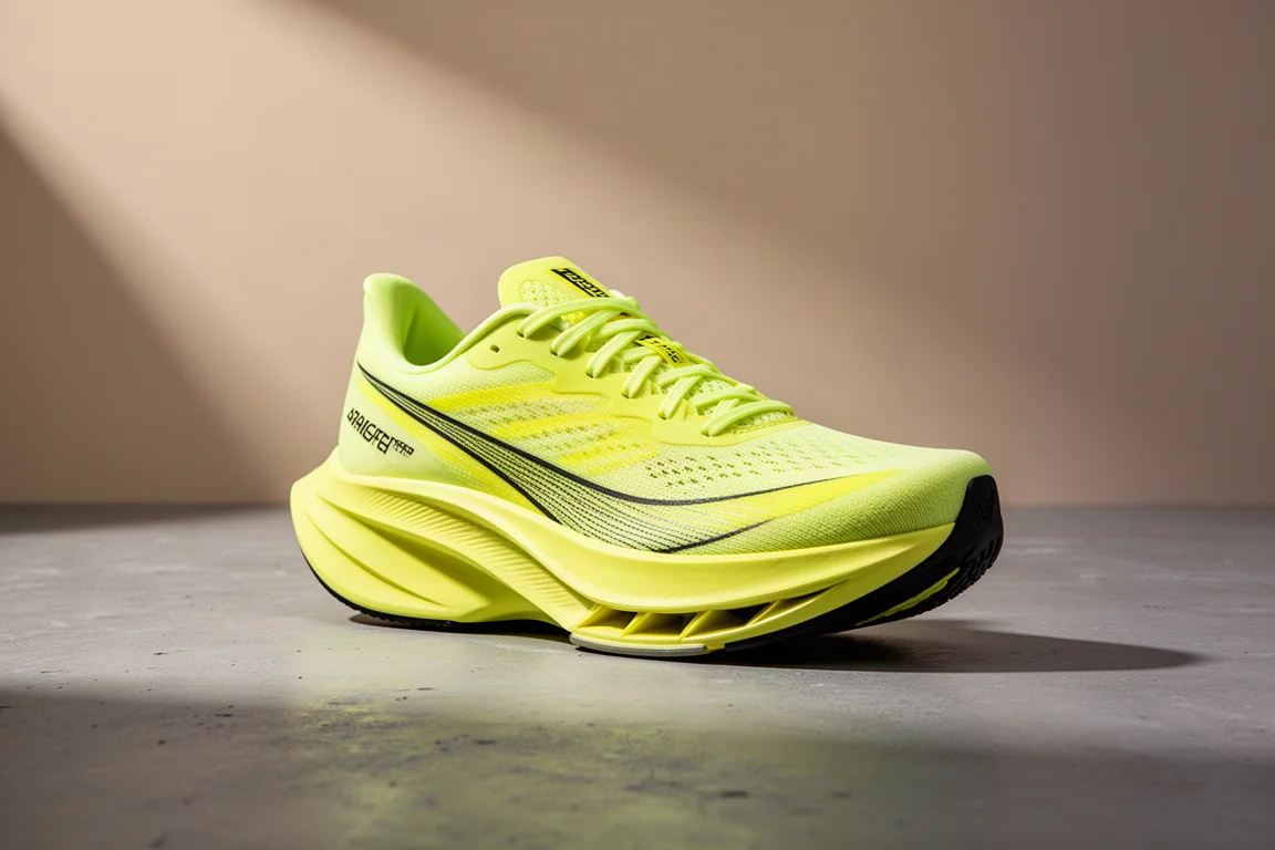 Lime and yellow Asics racing shoe on concrete surface