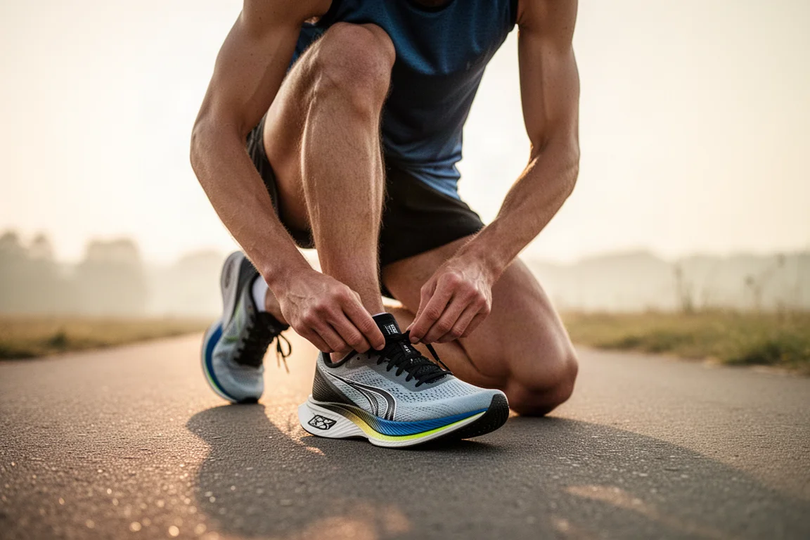 Coureur lacant une paire de chaussures de course à plaque carbone sur un chemin ensoleillé