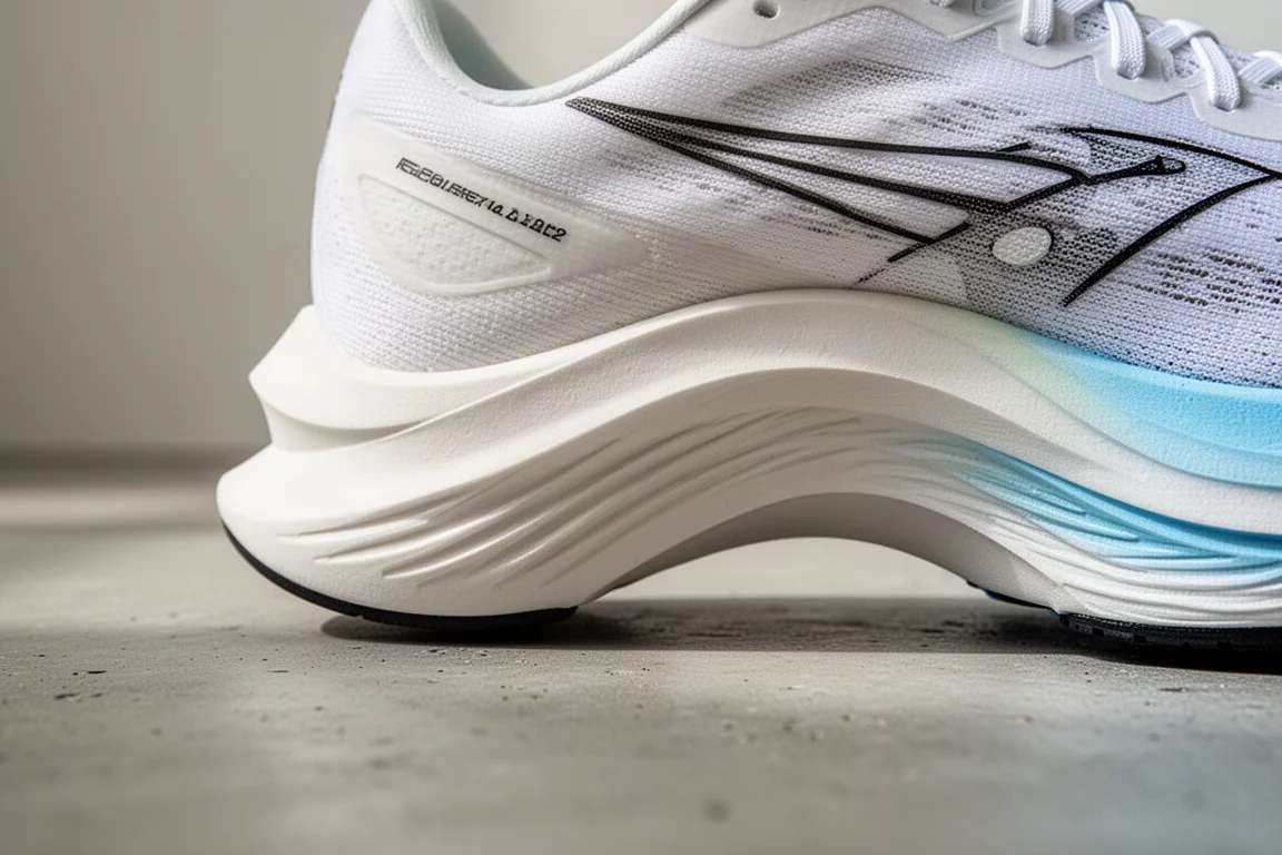 Gros plan sur la semelle intermédiaire d'une chaussure de running montrant un profil rocker incurvé