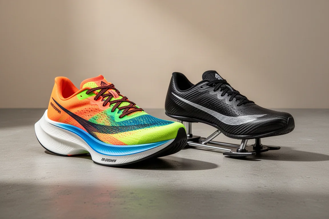 Two carbon-plated marathon racing shoes side by side on a concrete surface