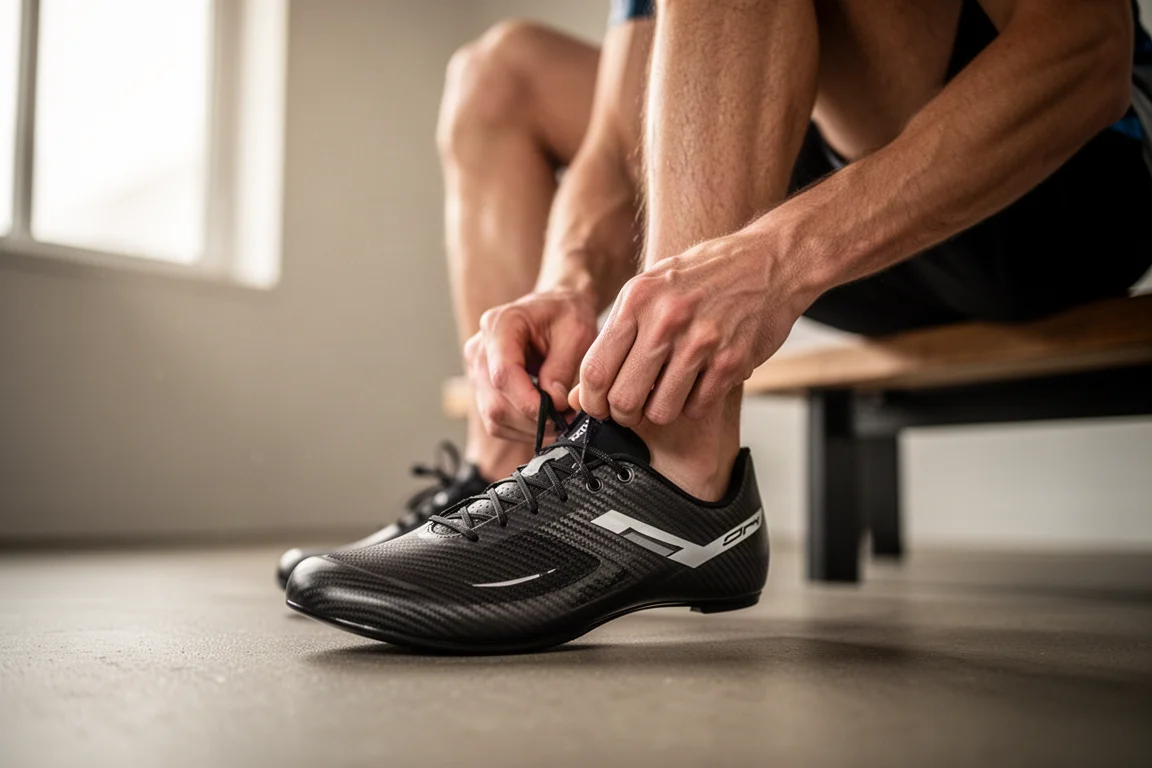 Runner lacing up a pair of carbon plate racing shoes before a run