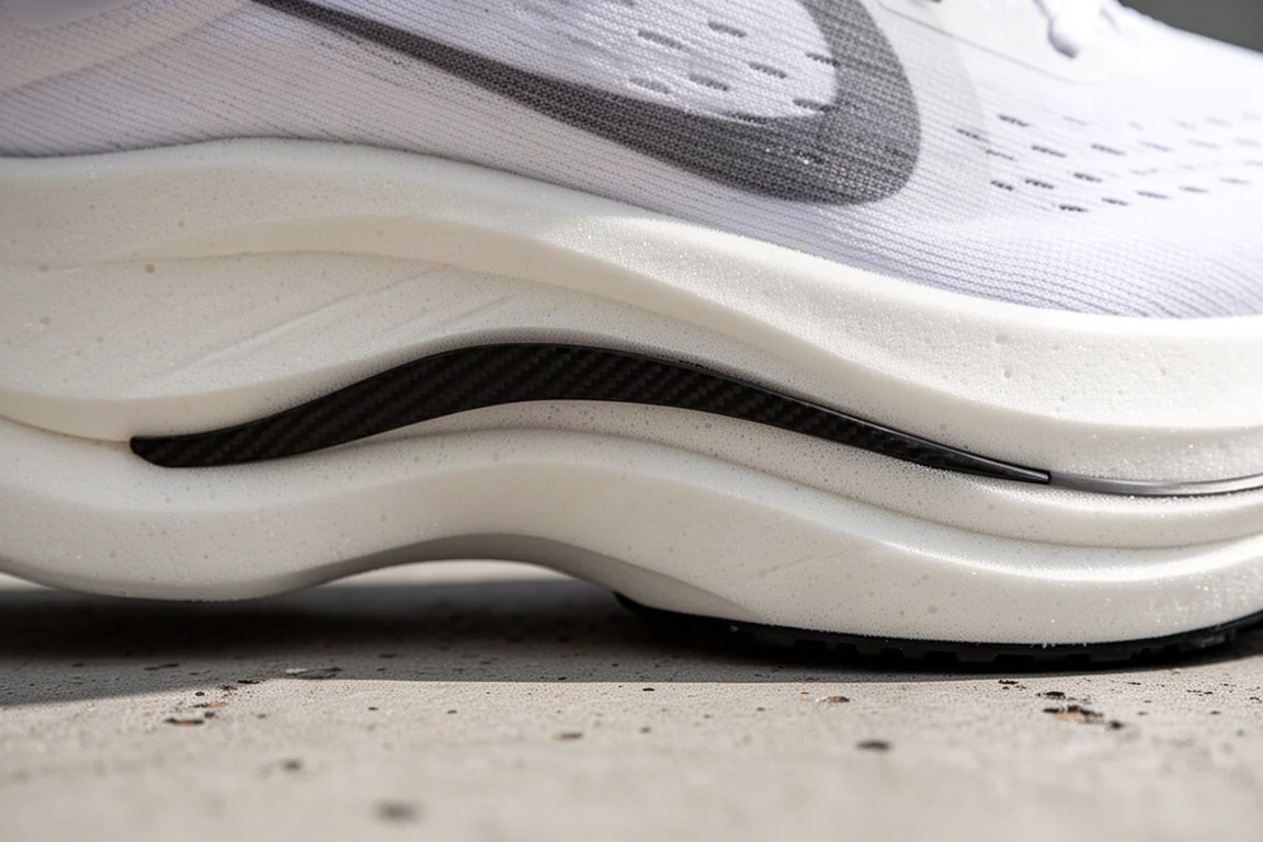 Close-up of a carbon plate racing shoe midsole showing foam layering