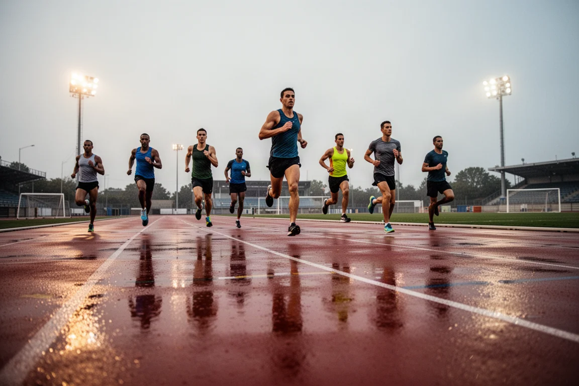 Runners training on a wet athletics track in evening light