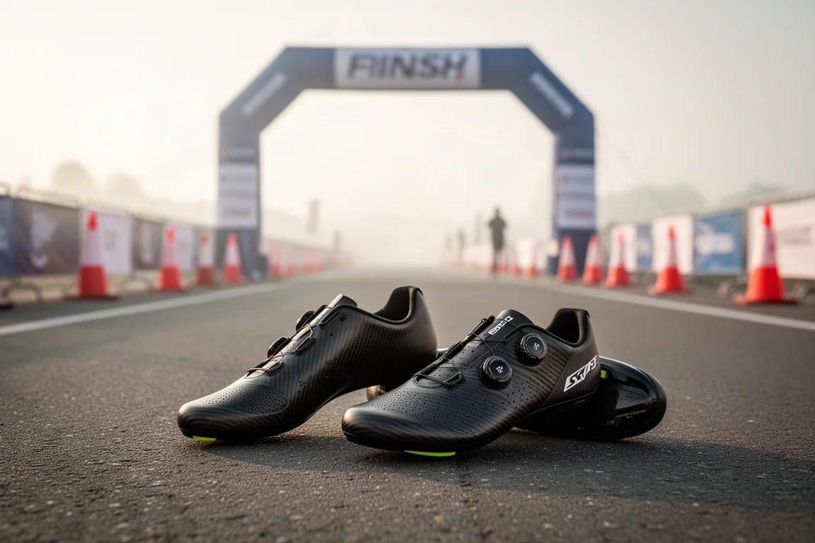 Running shoes resting at the edge of a race finish area