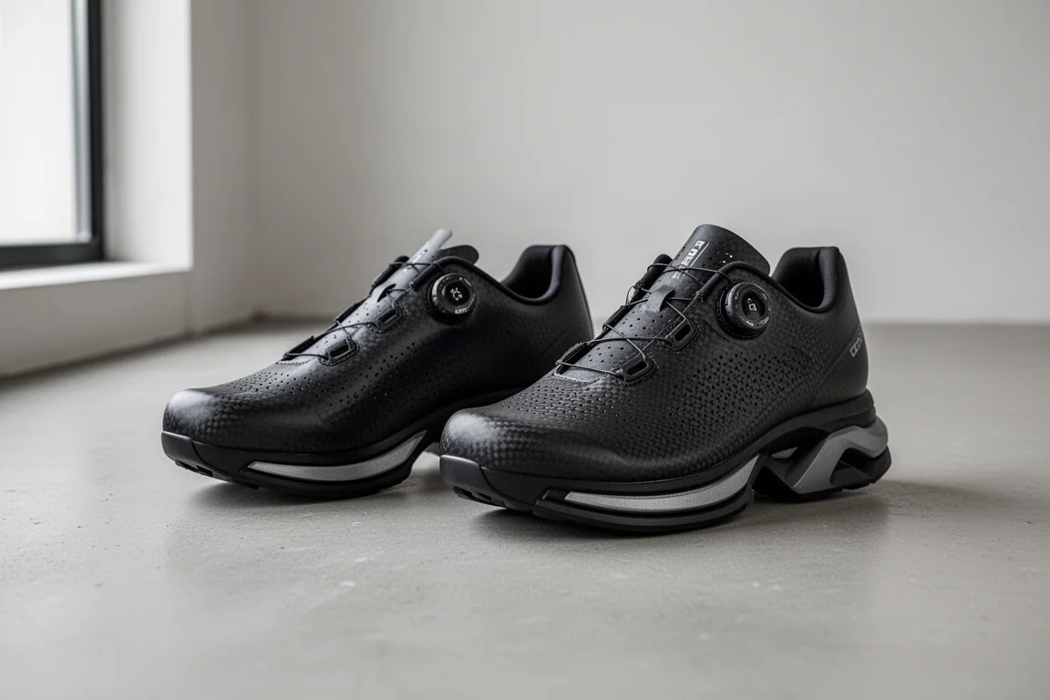 Zwei Carbon-Rennschuhe mit Platte zum Vergleich nebeneinander platziert
