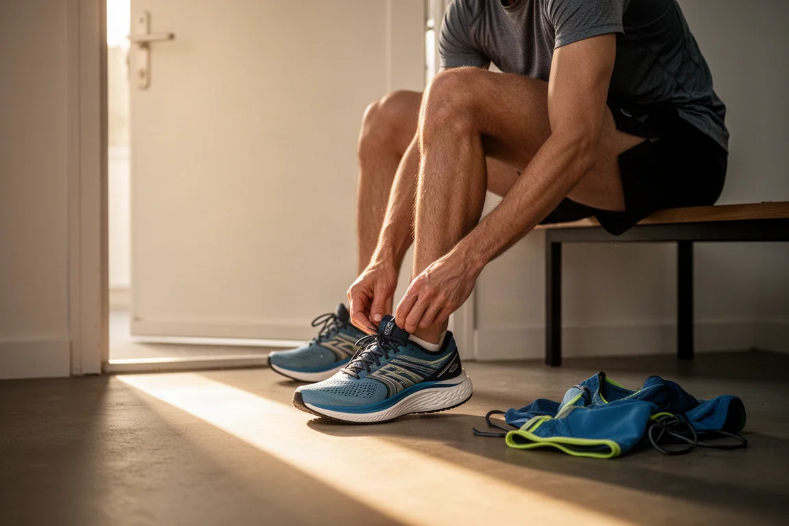 Runner pulling on a lightweight running shoe beside a doorway before an early morning run