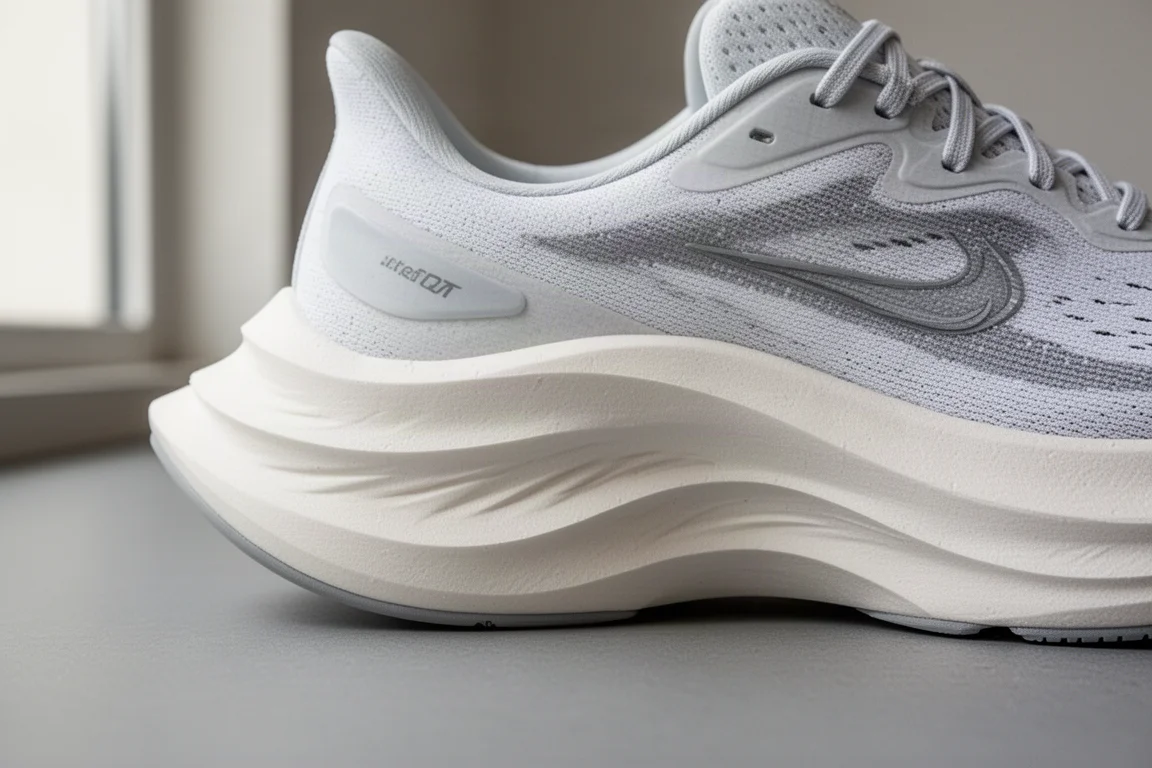 Close-up of a thick layered running shoe midsole showing foam geometry