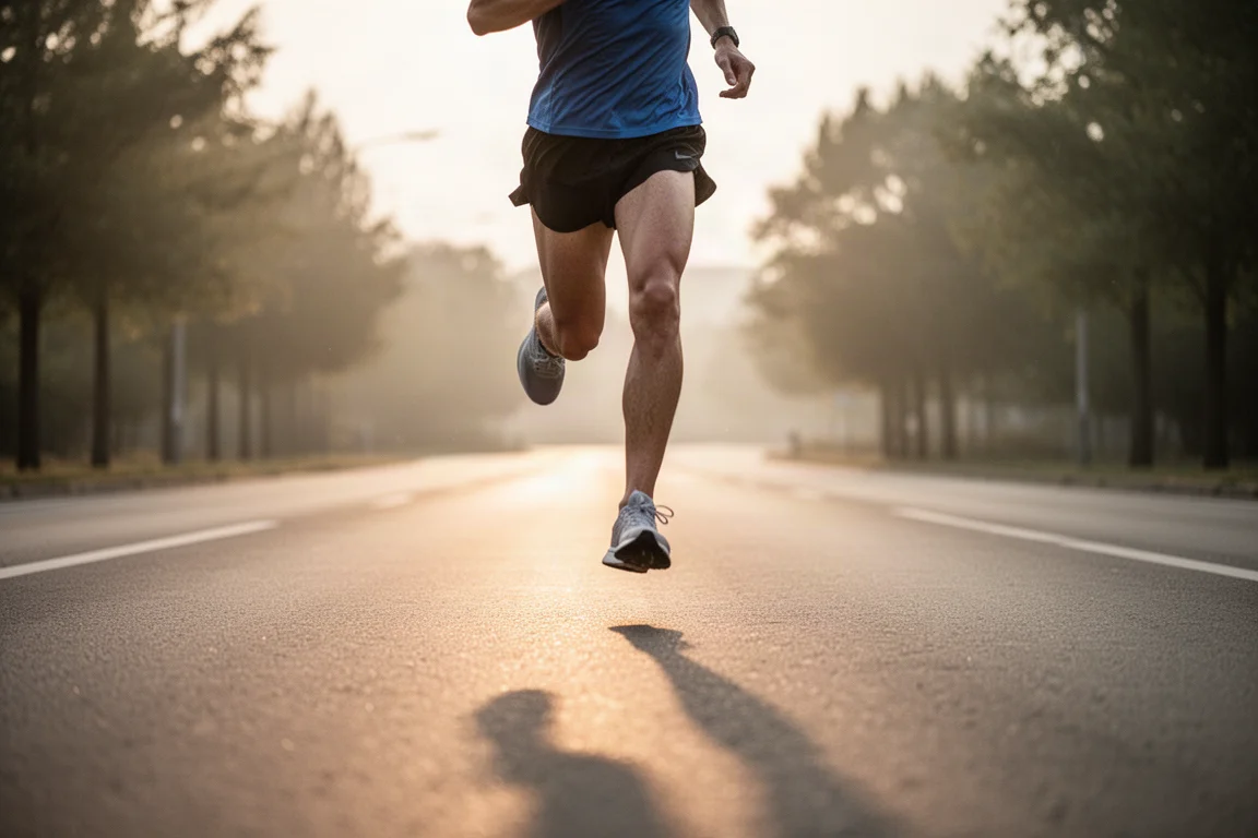 Runner striding along an empty suburban road at dawn