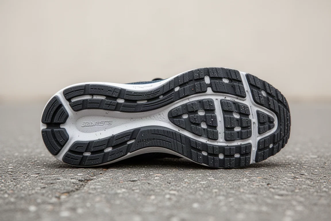 Close-up of the rubber outsole of a running shoe on rough pavement