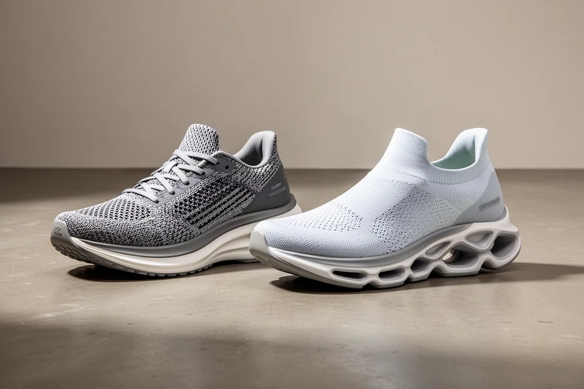 Due scarpe da running premium ad alta suola affiancate su un pavimento in cemento di uno studio