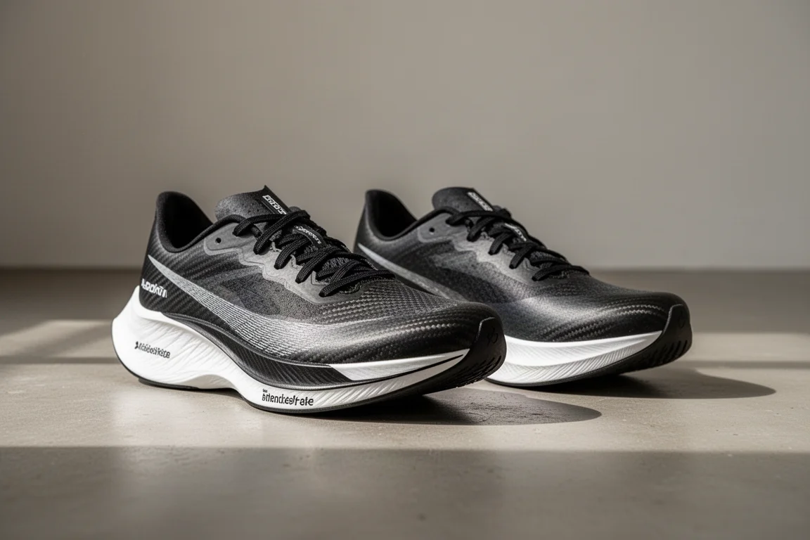 Deux chaussures de course placées côte à côte sur une surface en béton montrant des profils d'intersemelle différents